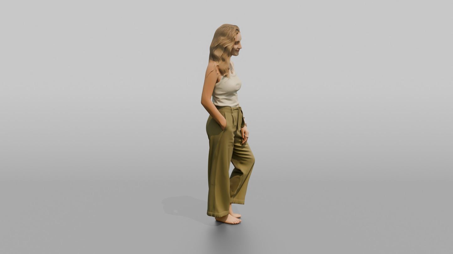 Woman Standing in Olive Green Linen Pants