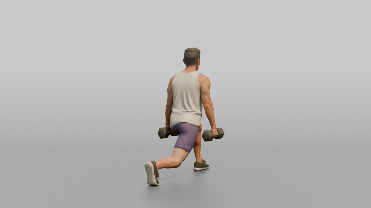 Weightlifter Man Holding Two Dumbbells At The Sides Mid-lunge - 3D character model, view 3