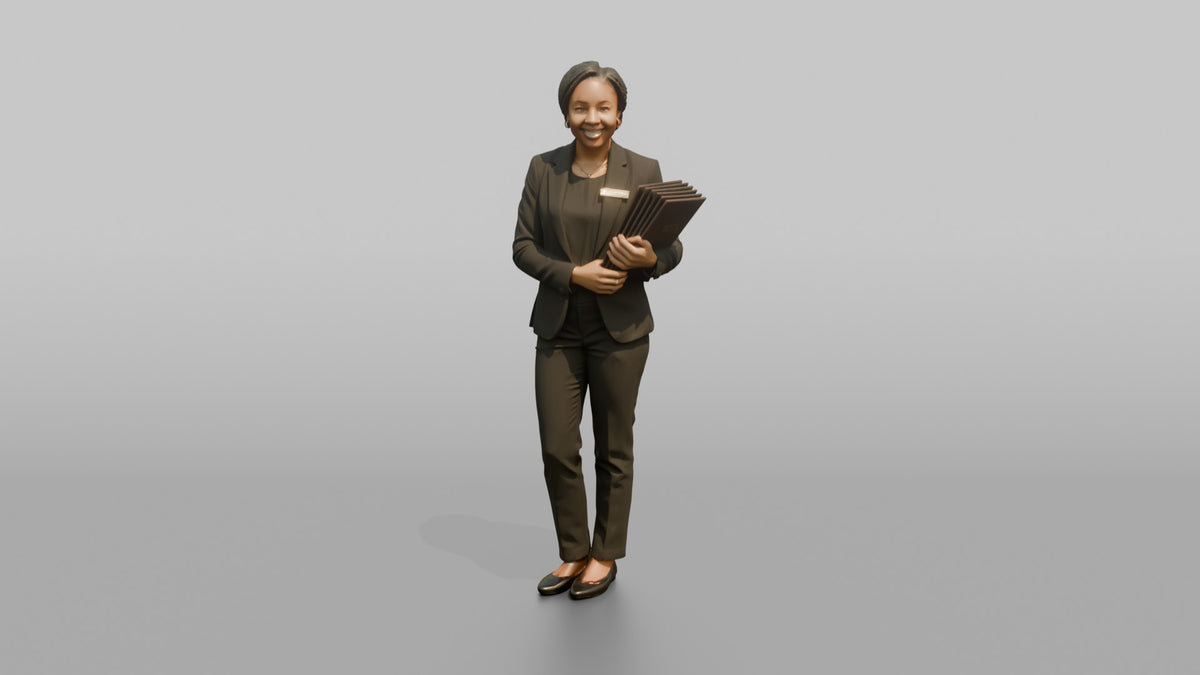 Host Man Holding A Stack Of Menus Against Their Chest - 3D character model, view 5