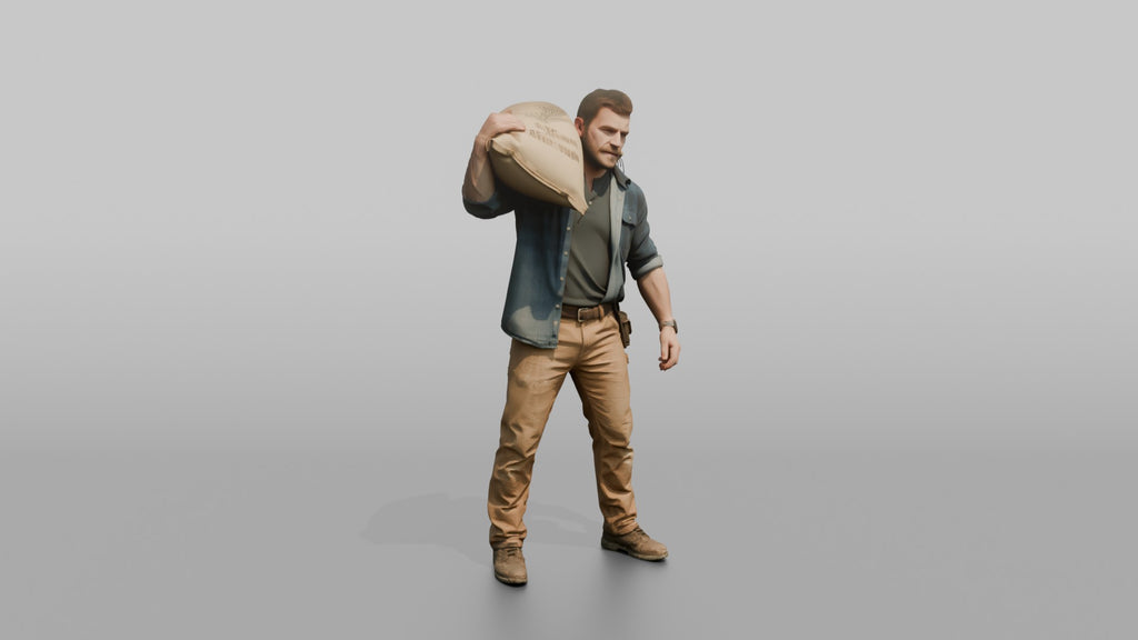Farmer Slinging Grain Sack Over Back