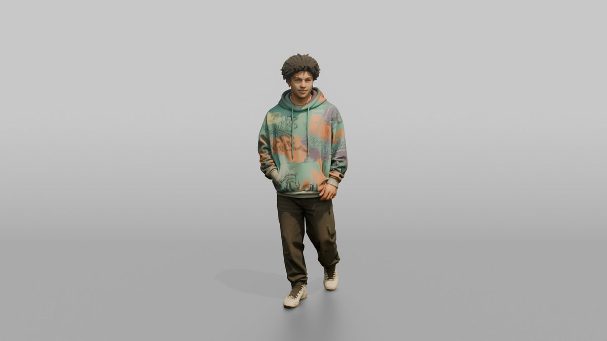 Patron Man Striking A Confident Urban Pose In An Oversized Colorful Hoodie - 3D character model, view 5