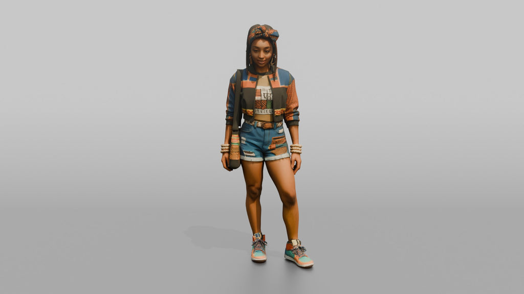African Woman in Print Crop Sweater and Denim Shorts