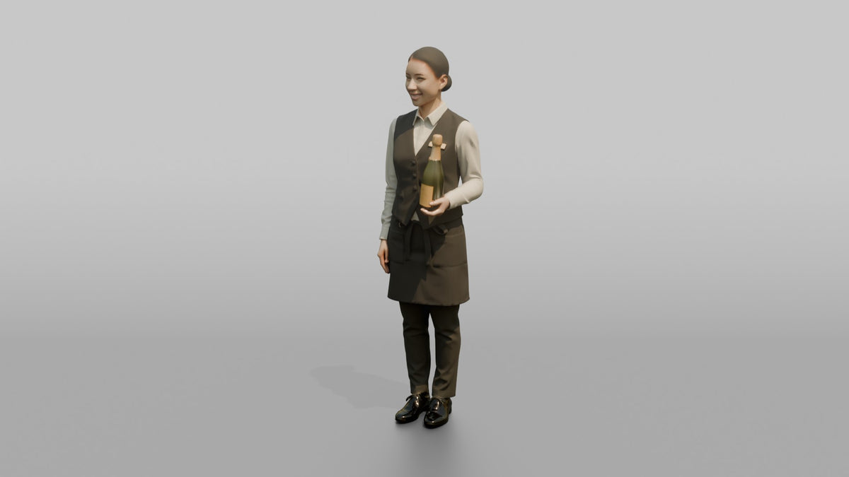 Cocktail Server Woman Holding A Bottle Of Champagne - 3D character model, view 4