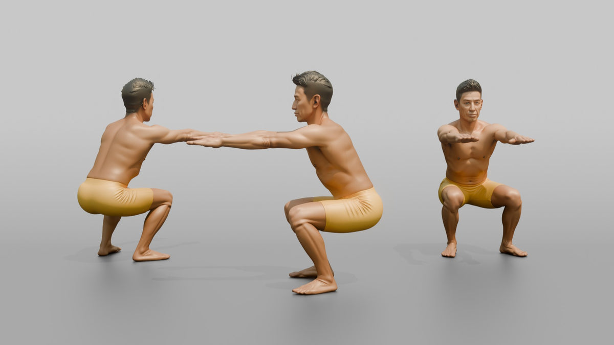 Bodyweight Athlete Man Doing A Bodyweight Squat, Arms Extended Forward - 3D character model, view 1