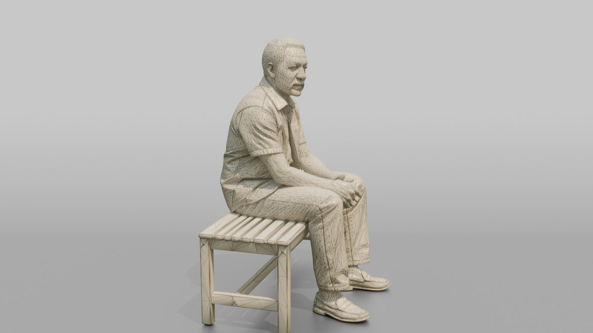 Man Customer Sitting On A Bench Resting - wireframe topology preview