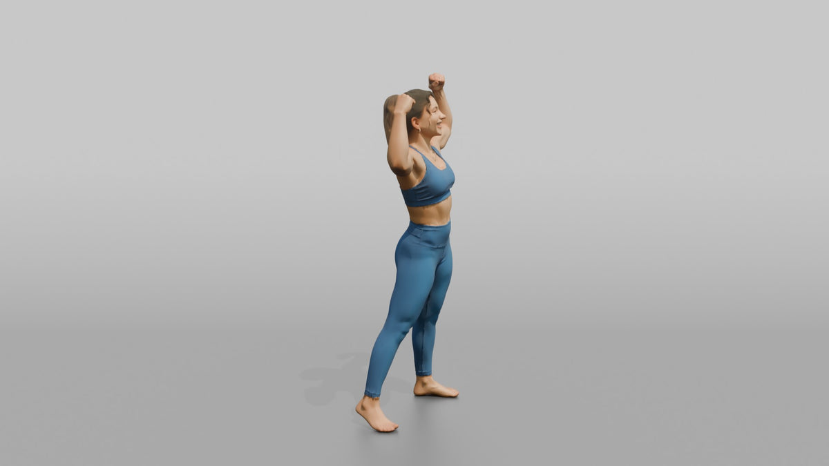 Physique Model Woman Flexing Both Arms Overhead In A Victory Pose - 3D character model, view 2