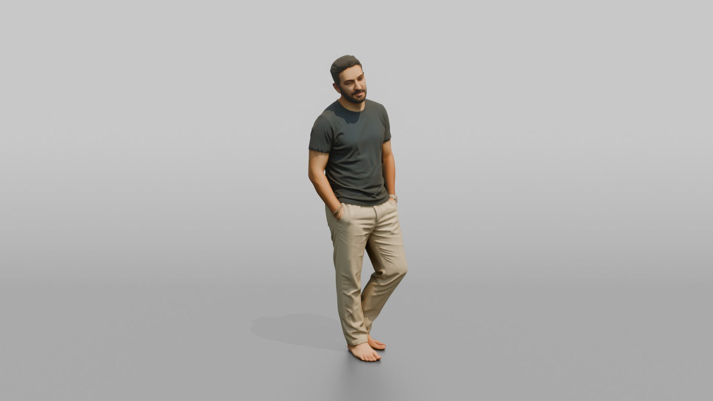 Vacationer Wearing Casual Crewneck Shirt And Linen Pants