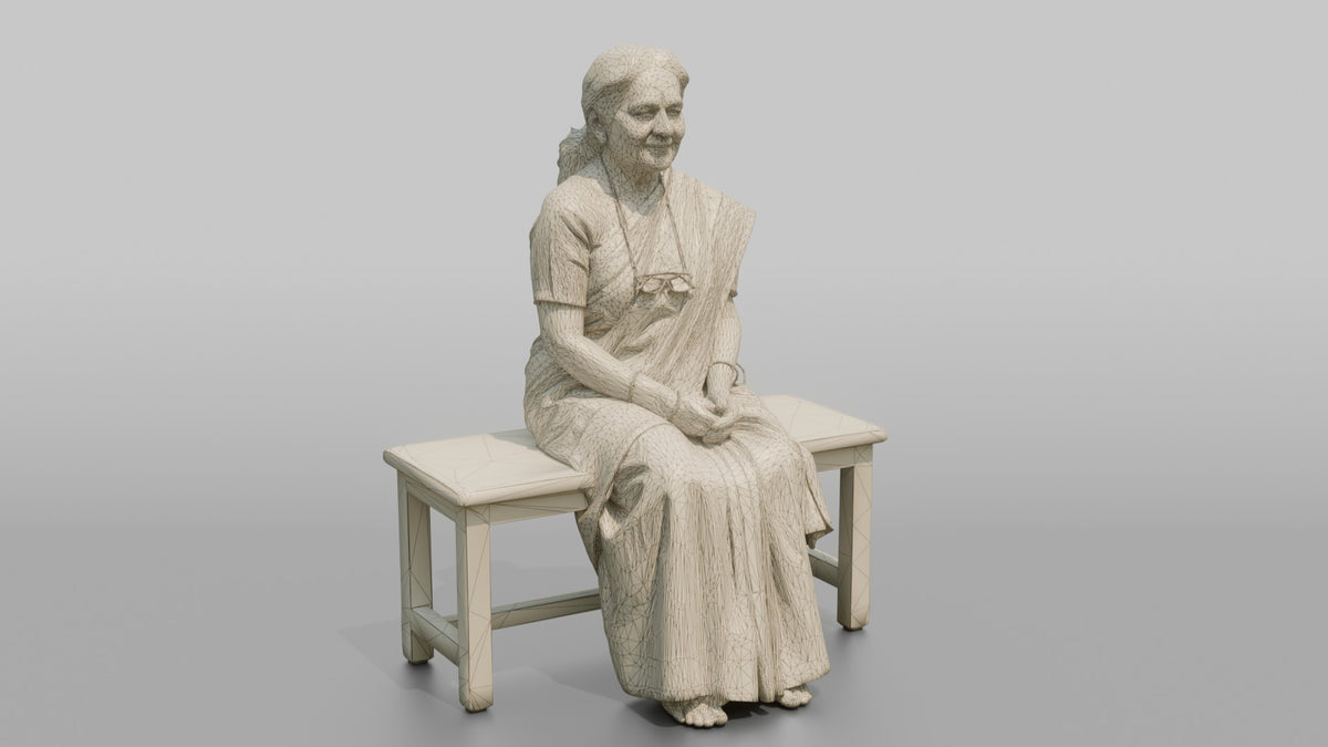 Woman Customer Sitting On A Bench - wireframe topology preview