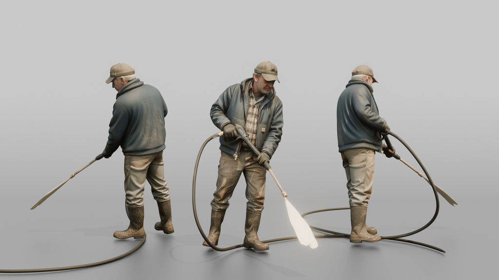Farmer Spraying Down Concrete Barn Floor