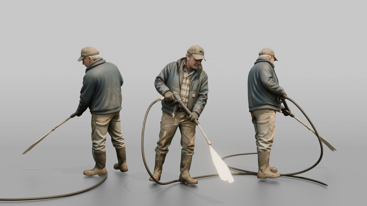 Farmer Spraying Down Concrete Barn Floor - 3D character model
