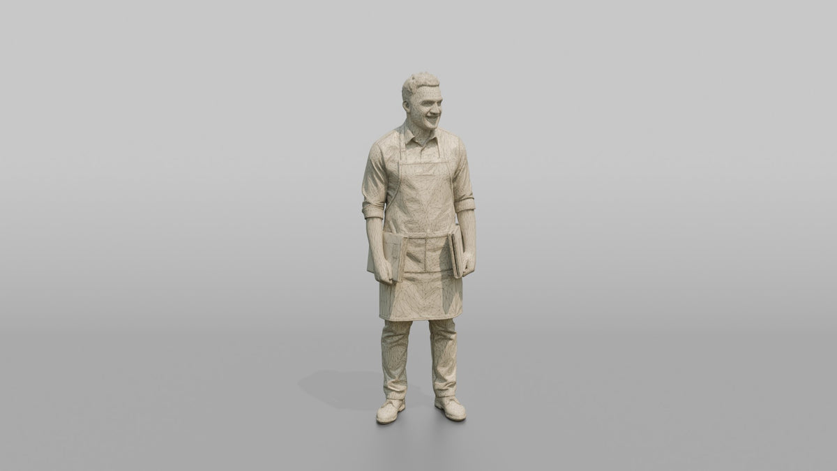 Host Man Holding Two Menus, One In Each Hand - wireframe topology preview