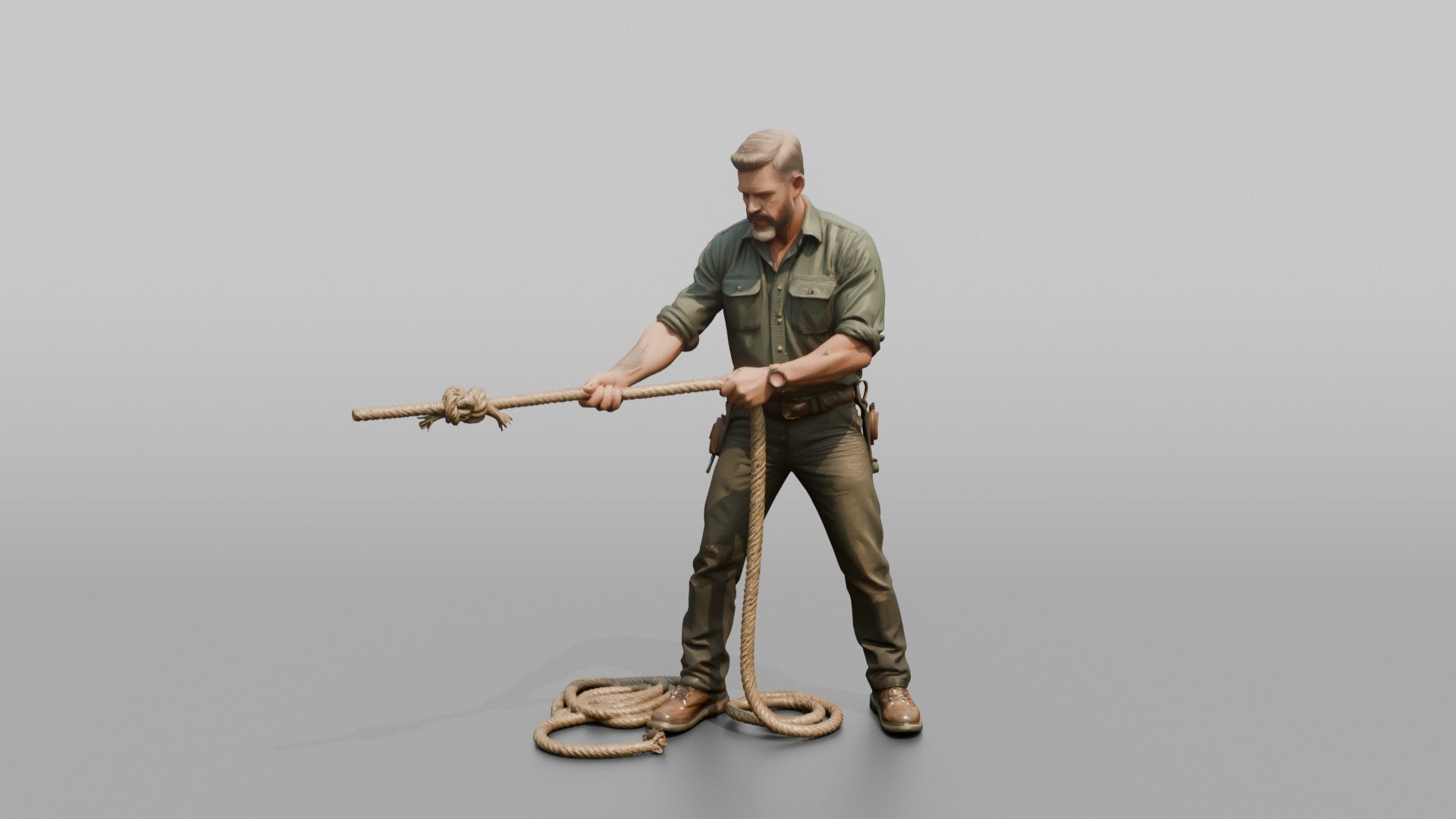 Farmer Tying Heavy Canvas Rope Around Flatbed