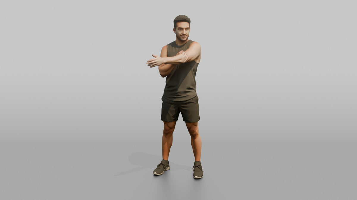 Fitness Influencer Man Stretching One Arm Across The Chest - 3D character model, view 5