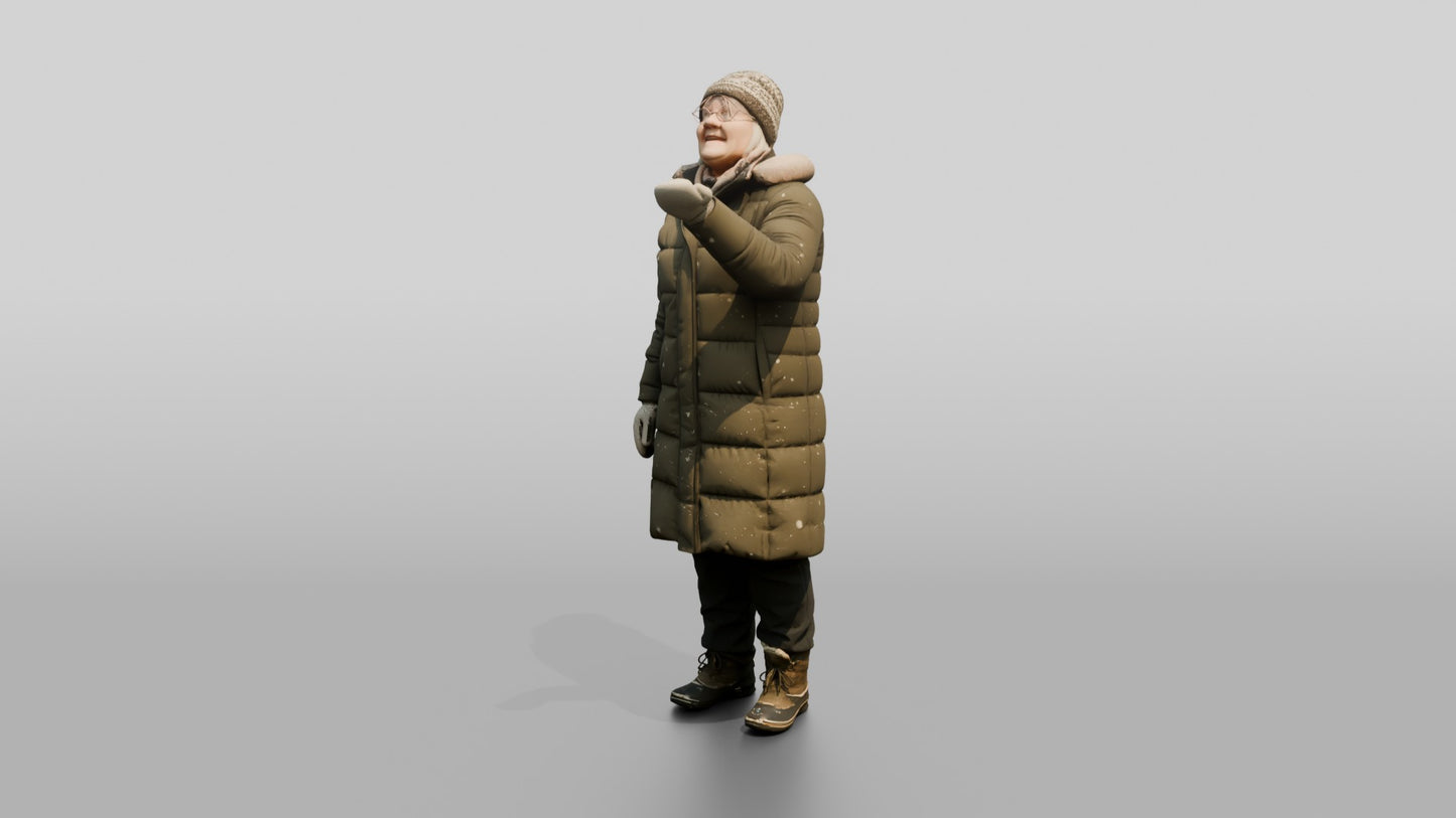 Elderly Norwegian Woman Catching Snowflakes