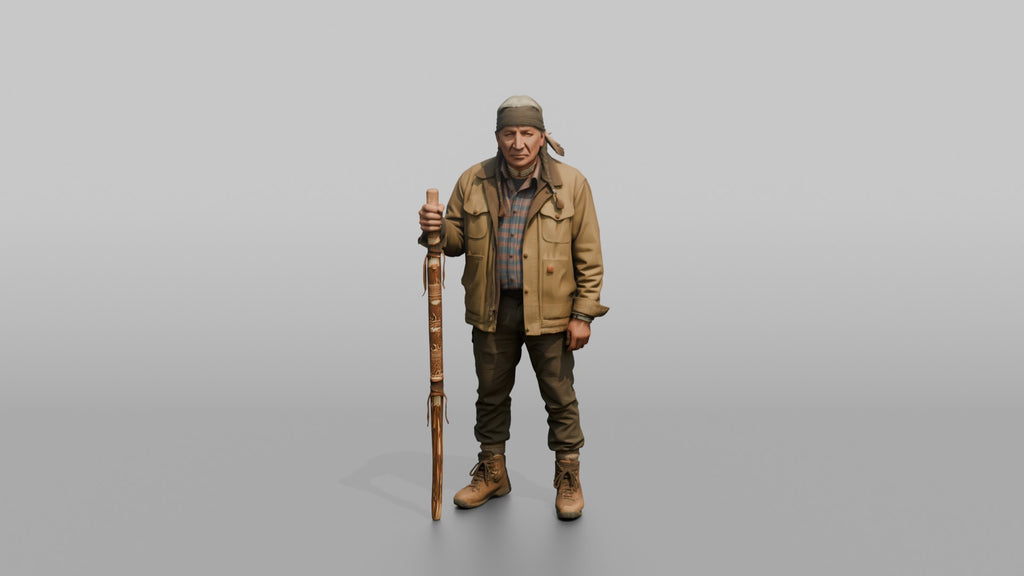 Hiker Holding a Carved Wooden Walking Stick