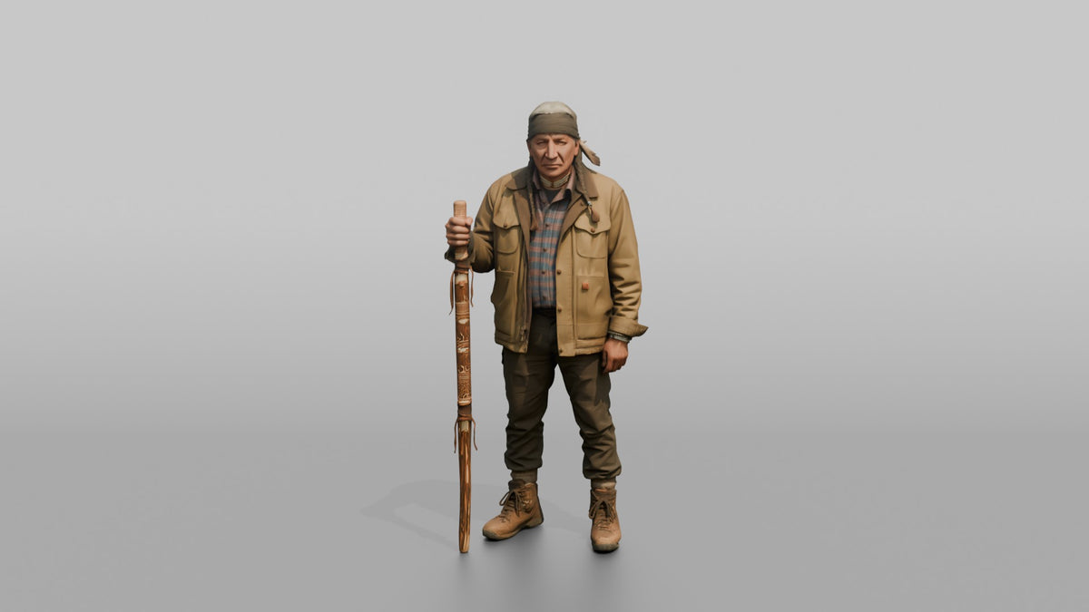 Hiker Holding a Carved Wooden Walking Stick - 3D character model, view 5