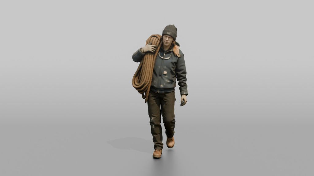 Deckhand Carrying a Coil of Rope on Deck