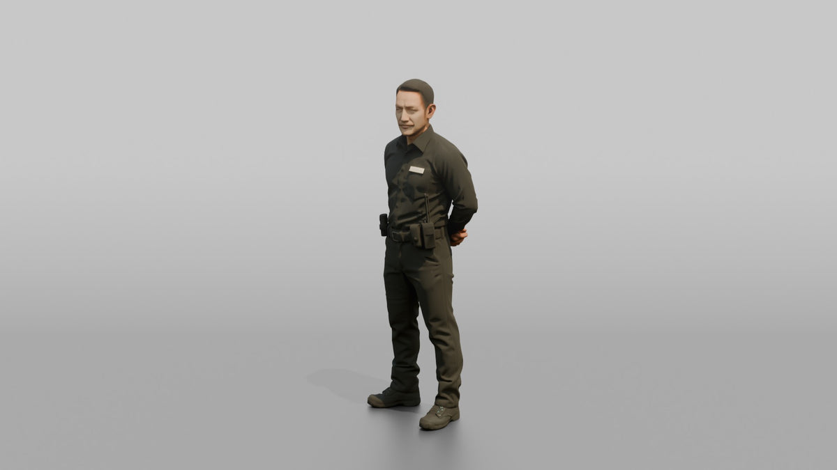 Door Staff Man Standing With Feet Apart, Arms Behind Back - 3D character model, view 4