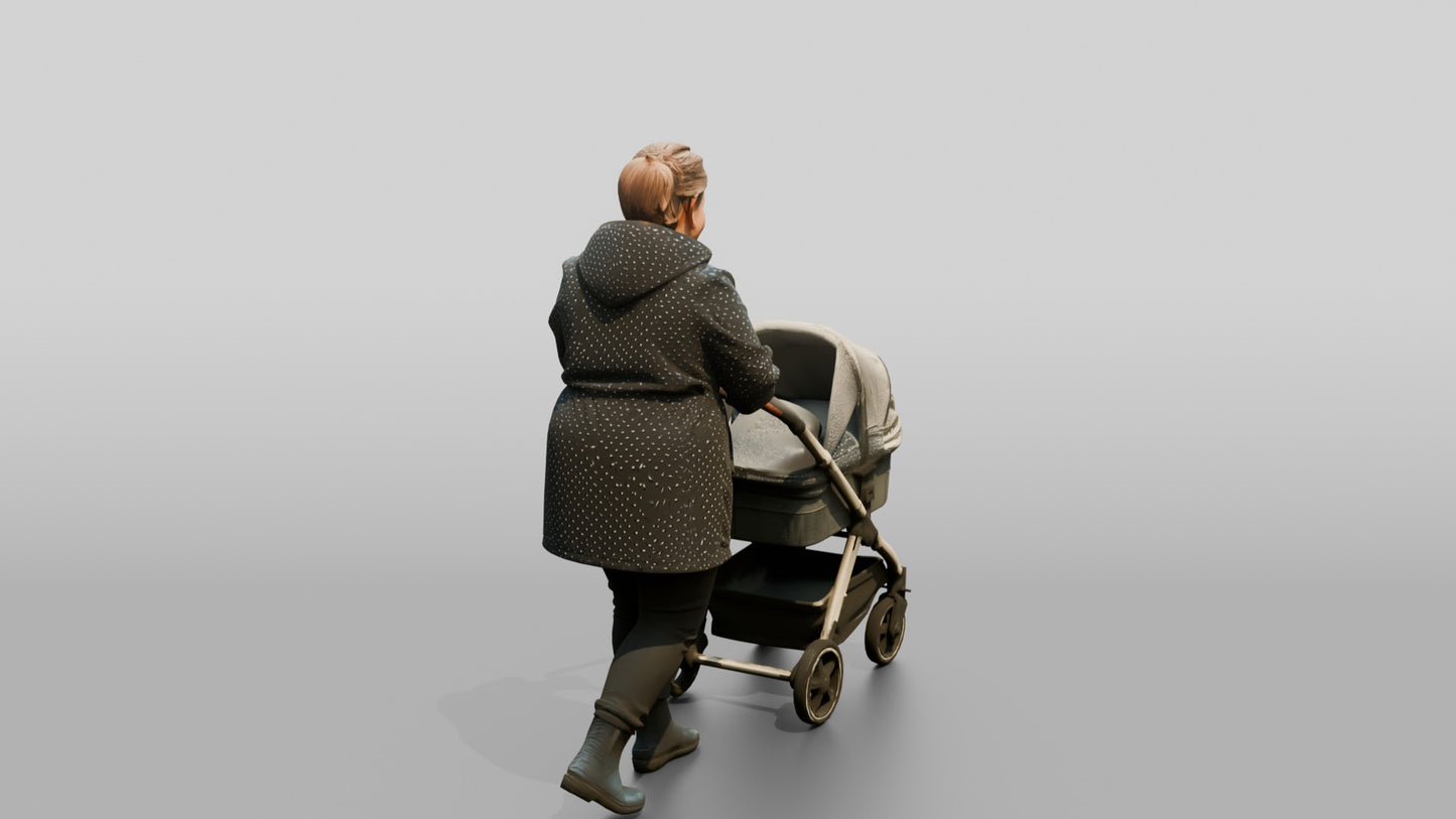 White Woman in Polka-Dot Raincoat Pushing a Pram
