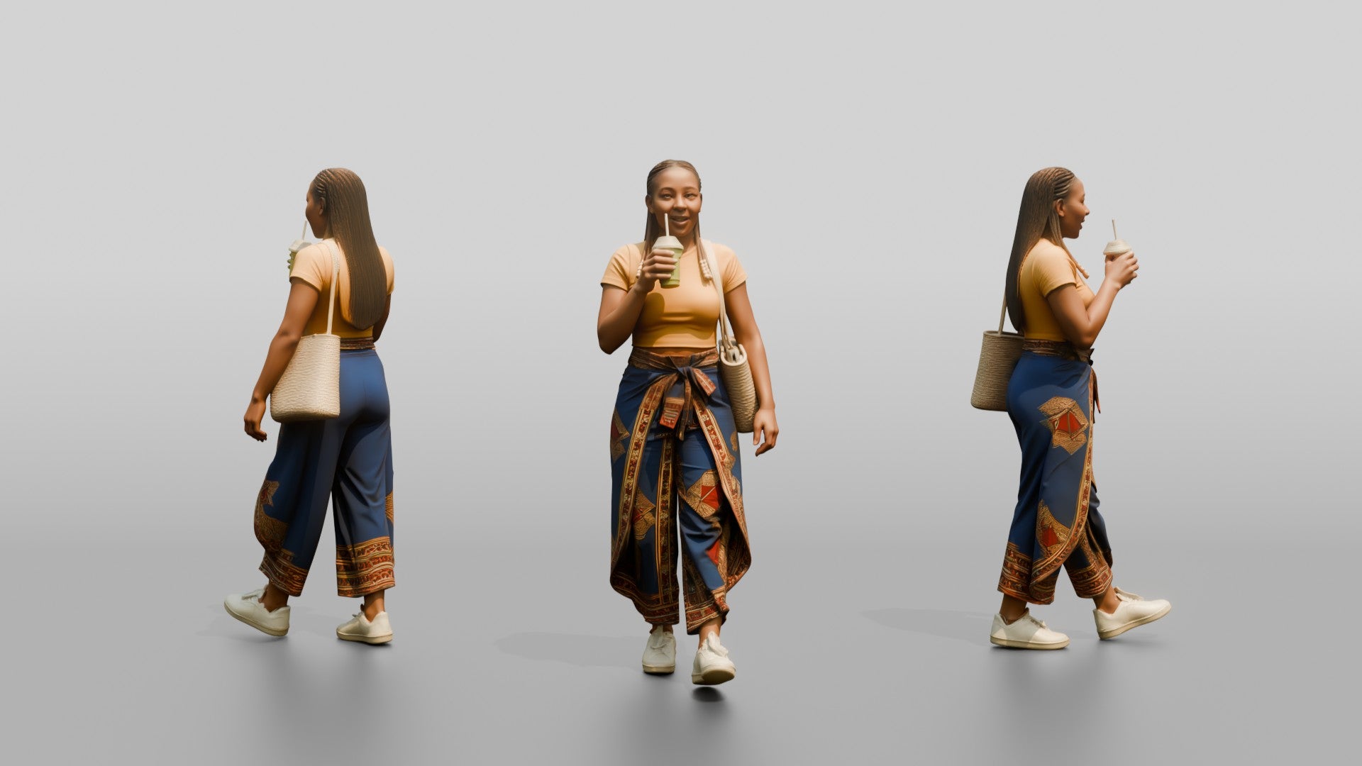 Curvy African Woman Drinking a Smoothie in Wrap Trousers