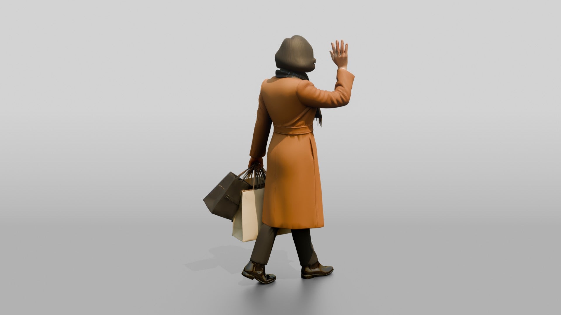 Woman Waving in Camel Wool Coat