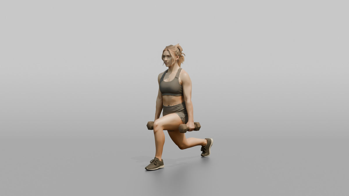 Weightlifter Woman Holding Two Dumbbells At The Sides Mid-lunge - 3D character model, view 4