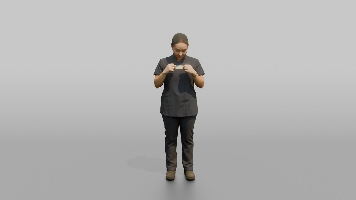 Spa Receptionist Man Adjusting A Name Badge On A Spa Uniform - 3D character model, view 5