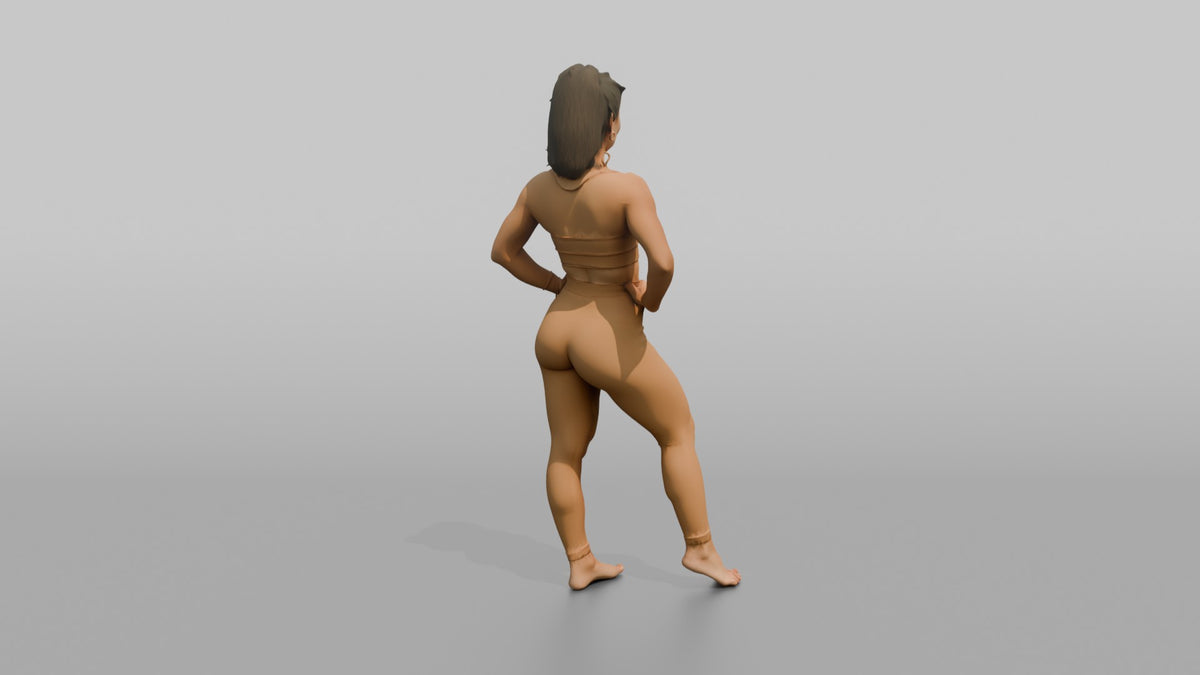 Fitness Influencer Woman Standing With One Leg Forward, Hands On Hips - 3D character model, view 3