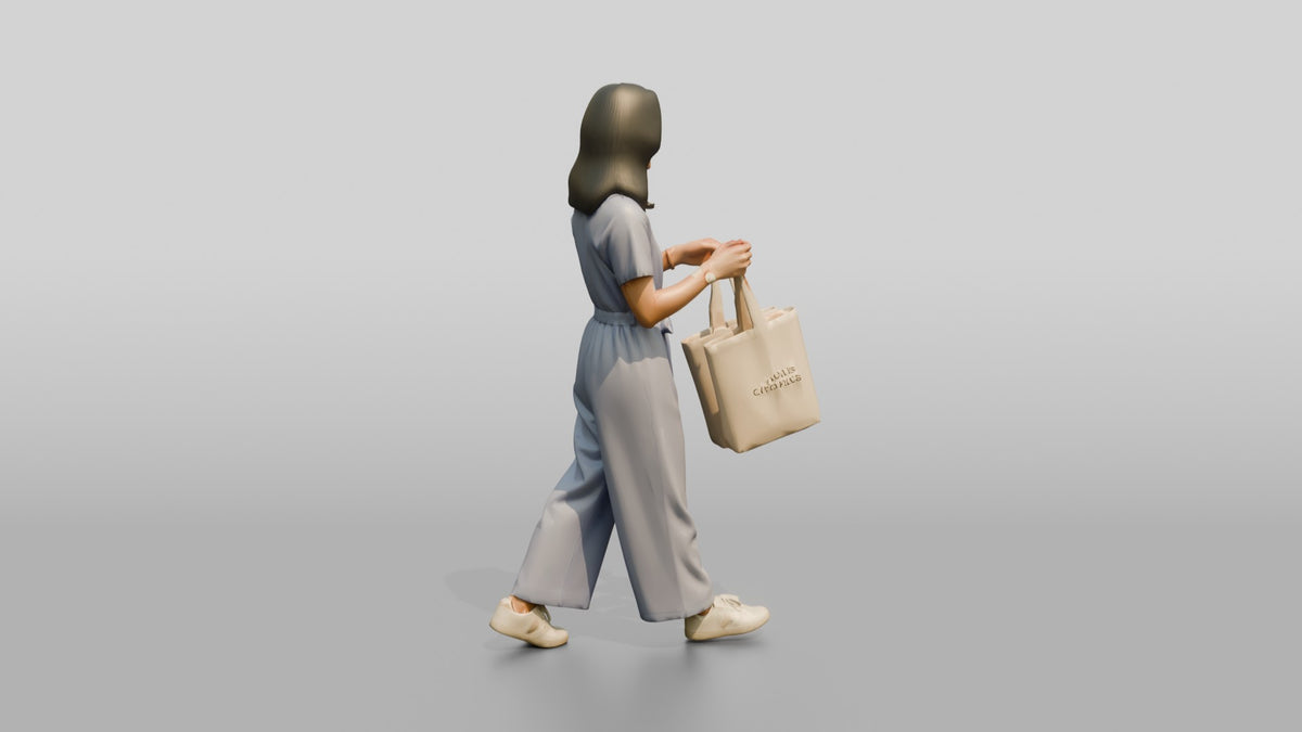 Woman Walking with Canvas Tote Bags - 3D character model, view 2