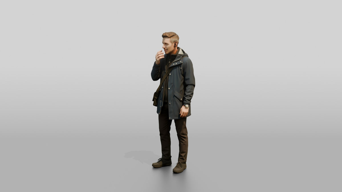 White Man in Dark Raincoat with Earbud - 3D character model, view 4