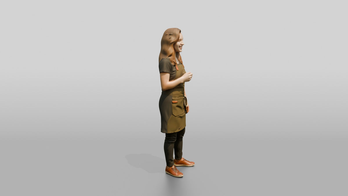 Young Woman Barista Laughing in Cafe - 3D character model, view 2