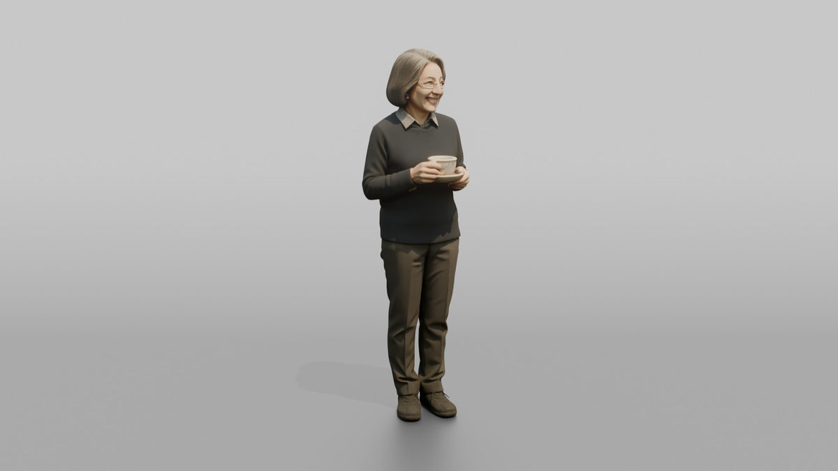 Grandmother Holding A Teacup And Saucer With Both Hands - 3D character model