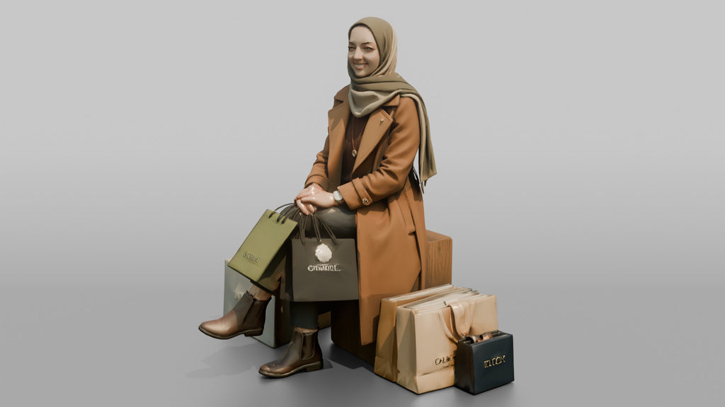 Hijab Woman in Camel Coat Sitting with Shopping Bags