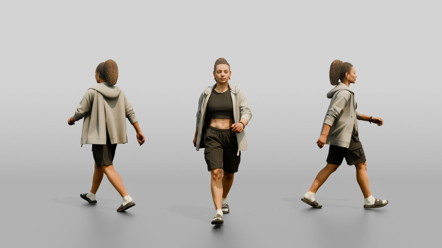 Multiracial Woman Walking the Boardwalk in Unzipped Hoodie