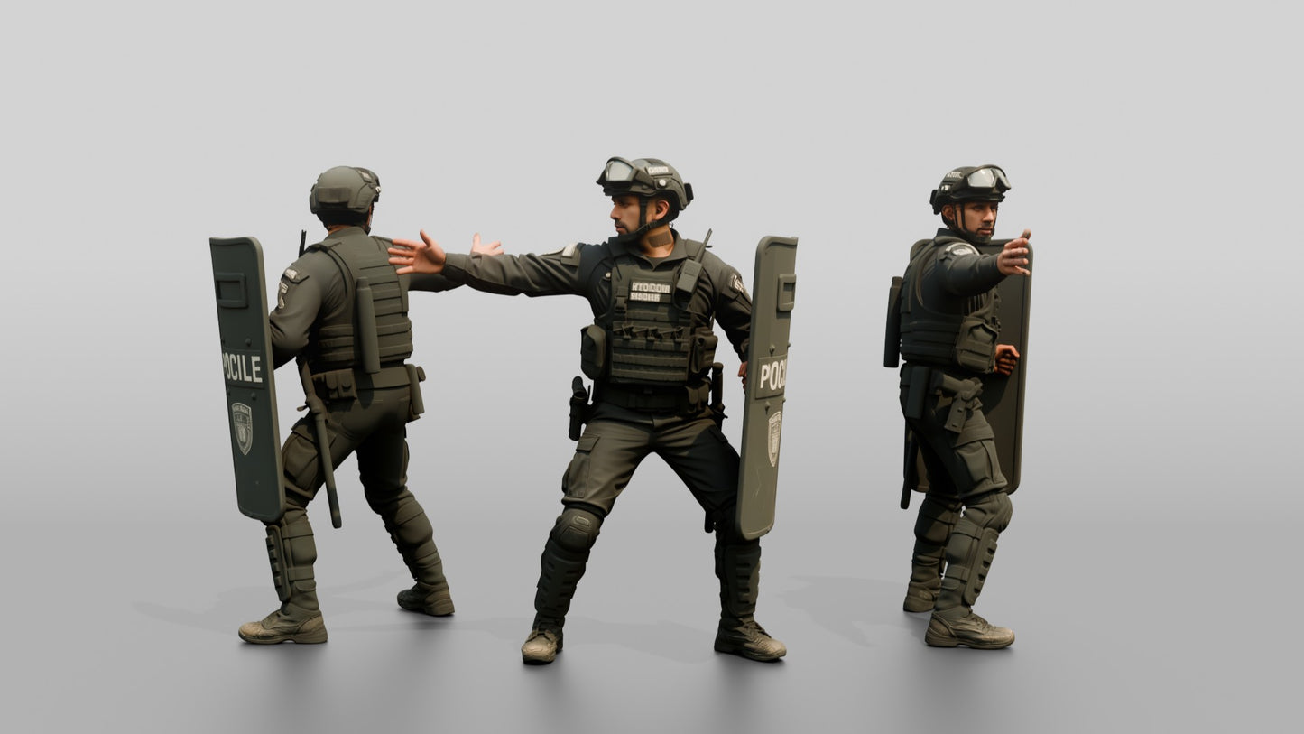 Riot Police Officers Interacting with Shields