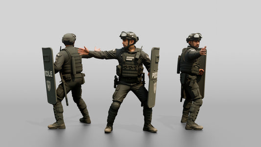 Riot Police Officers Interacting with Shields