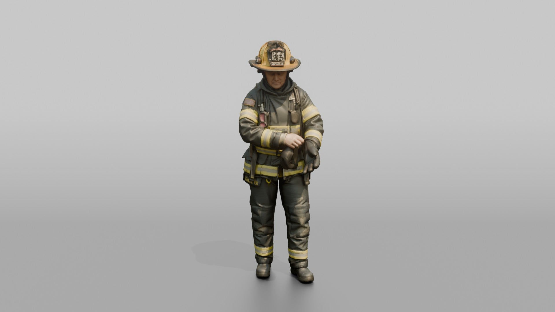 Firefighter Woman Securing Turnout Gear Gloves Onto Her Hands