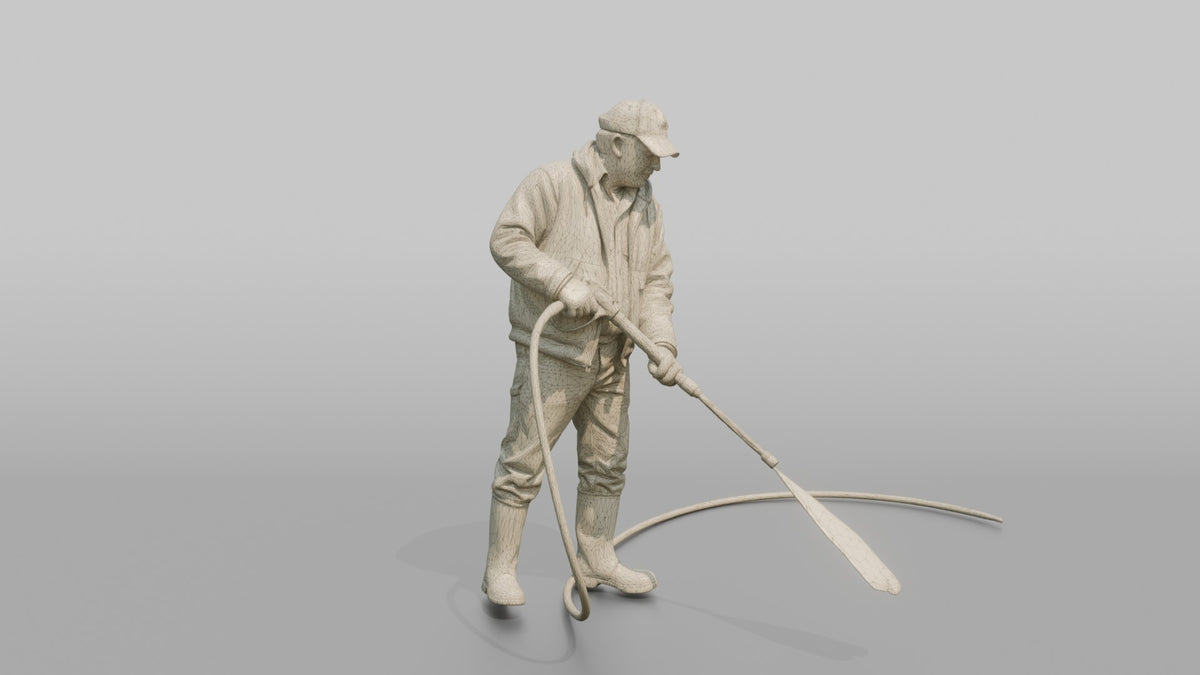 Farmer Spraying Down Concrete Barn Floor - wireframe topology preview