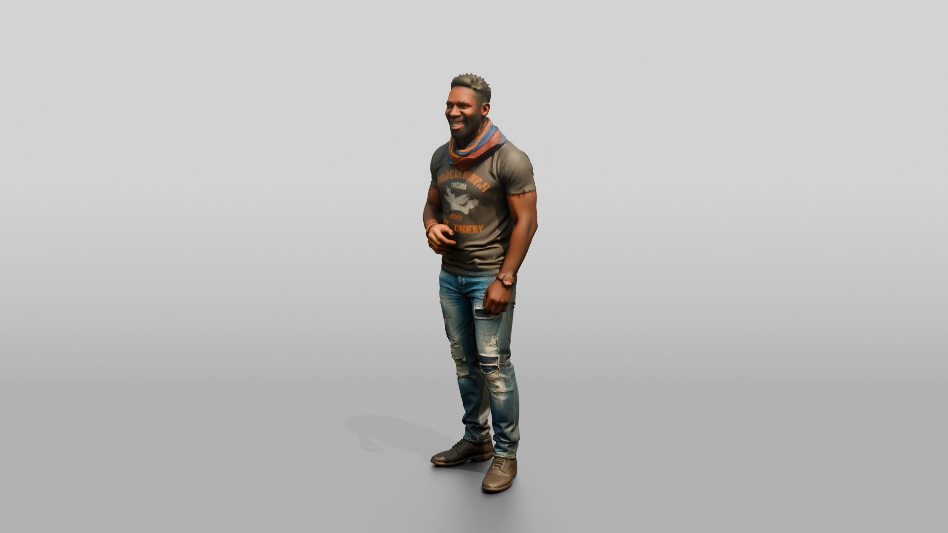 Muscular African Man Laughing in Distressed Jeans