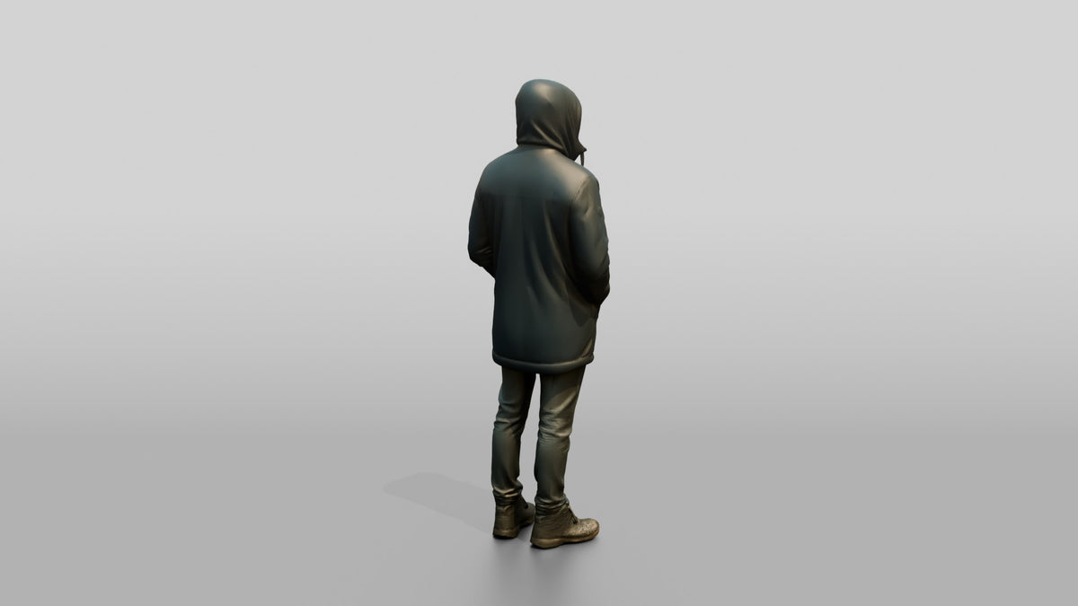 White Man Sheltering in Blue Parka - 3D character model, view 3
