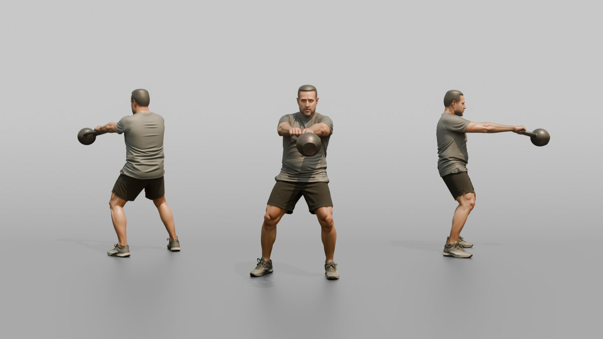 Weightlifter Man Performing A Kettlebell Swing - 3D character model, view 1