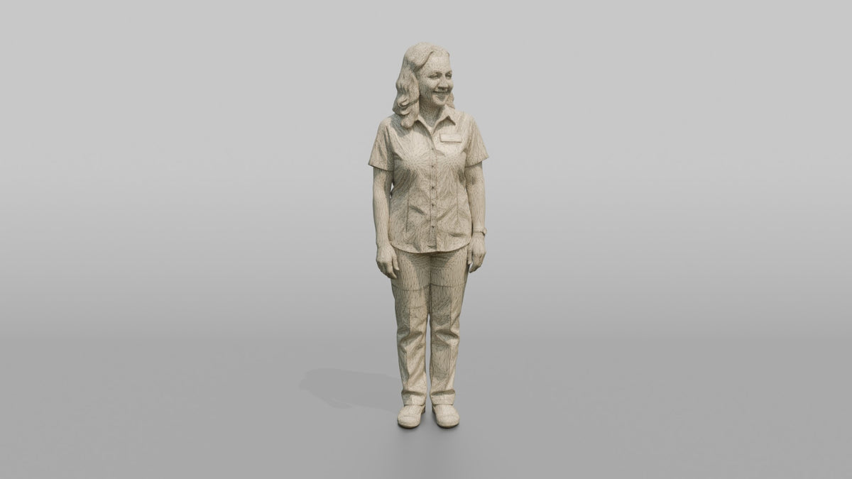 Host Woman Standing With A Warm Welcoming Smile, Arms At Sides - wireframe topology preview