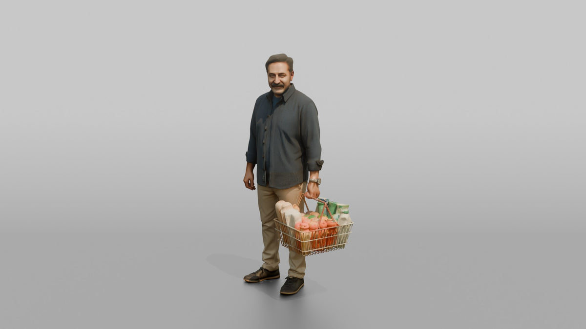 Man Customer Standing With A Full Shopping Basket - 3D character model, view 5