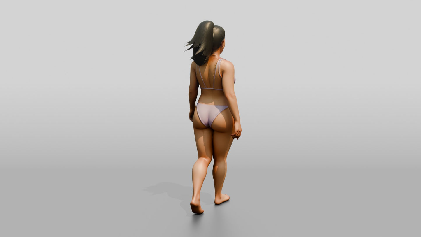 Curvy Woman in Lilac Two-Piece Swimsuit Walking