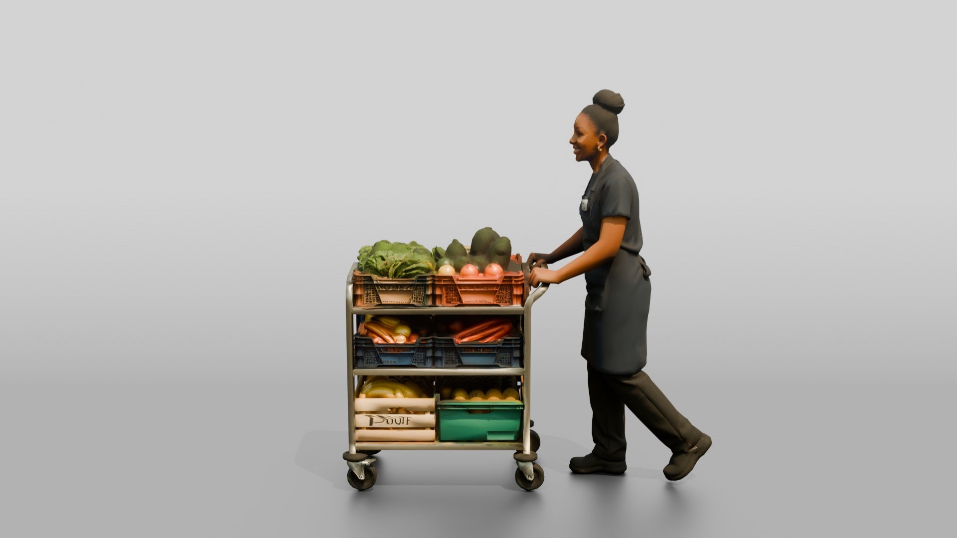 Kitchen Assistant Wheeling a Produce Cart