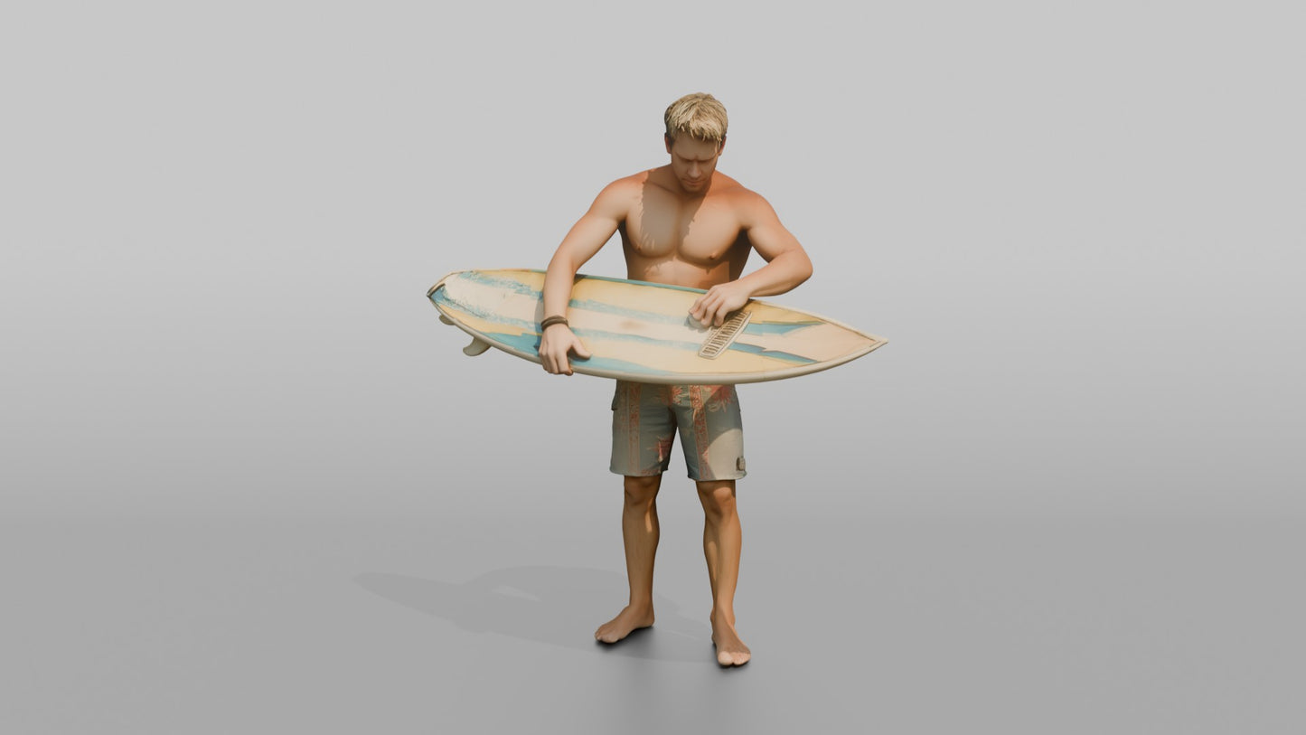 Surfer Waxing His Surfboard