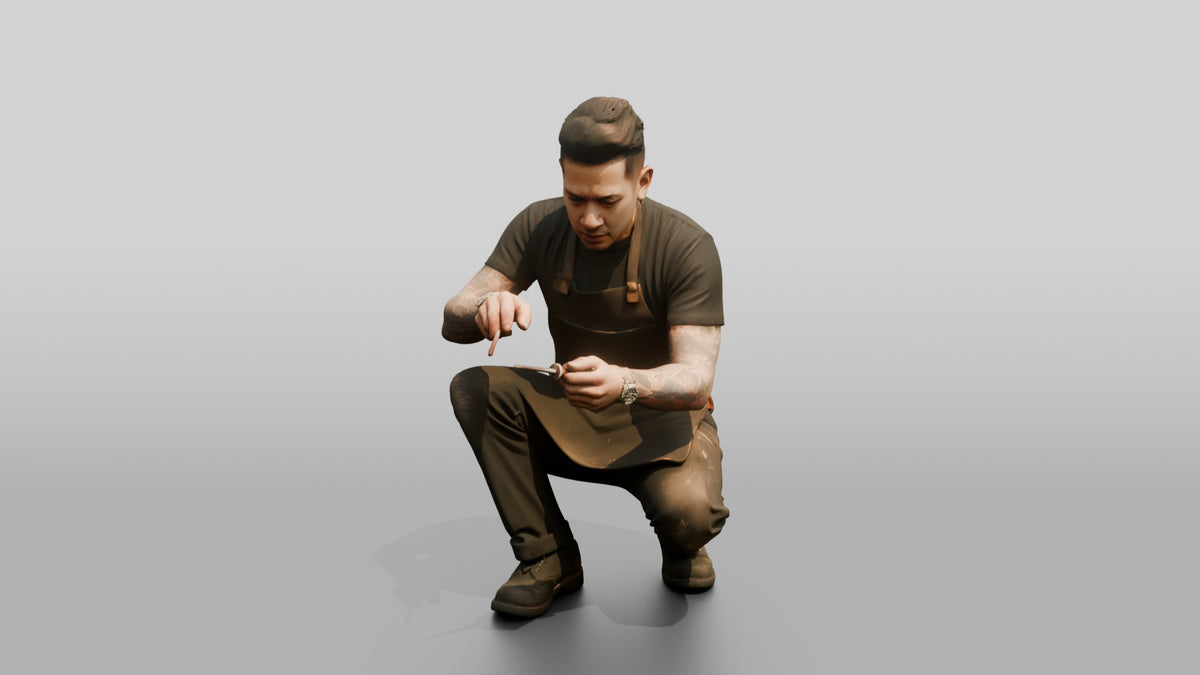 Mechanic Tuning a Motorcycle Carburetor - 3D character model, view 1