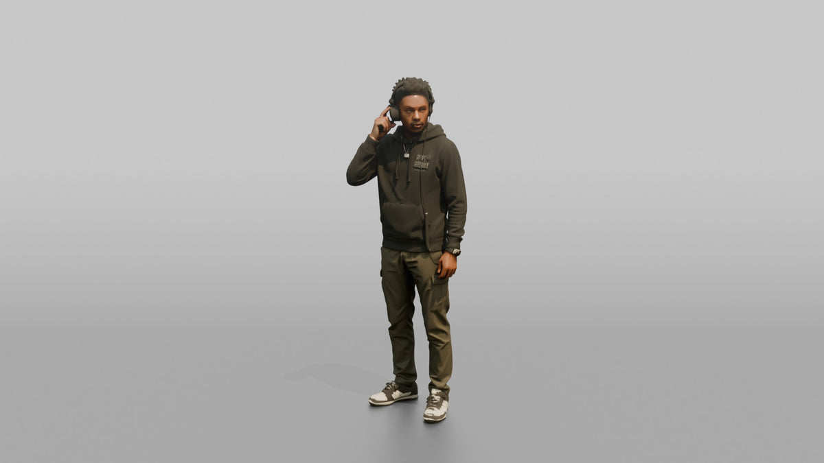 Club DJ Man Wearing Headphones, One Hand Adjusting Them - 3D character model, view 5