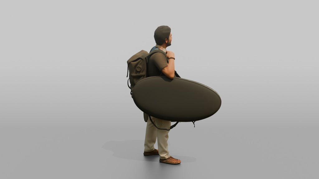 Traveler Carrying A Surfboard And Backpack