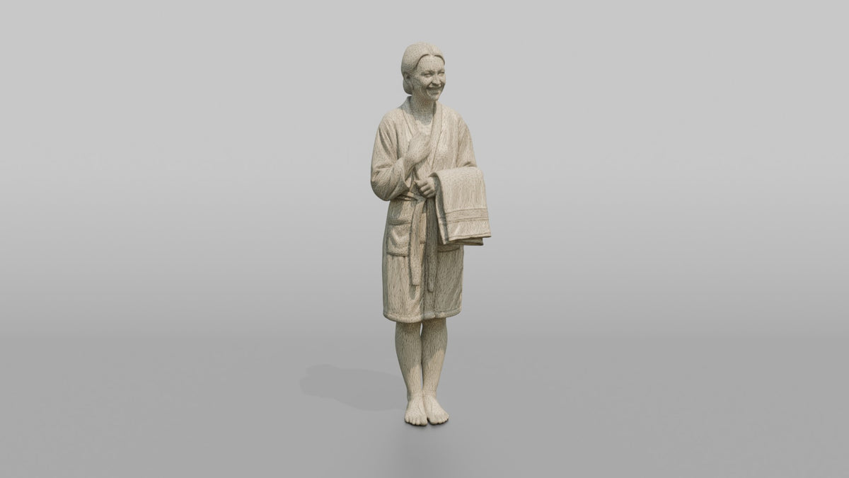 Spa Client Man Standing Holding A Folded Towel Against The Chest - wireframe topology preview